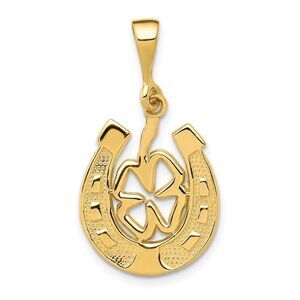 14k Yellow Gold Four Leaf Clover and Horseshoe Pendant, 15mm